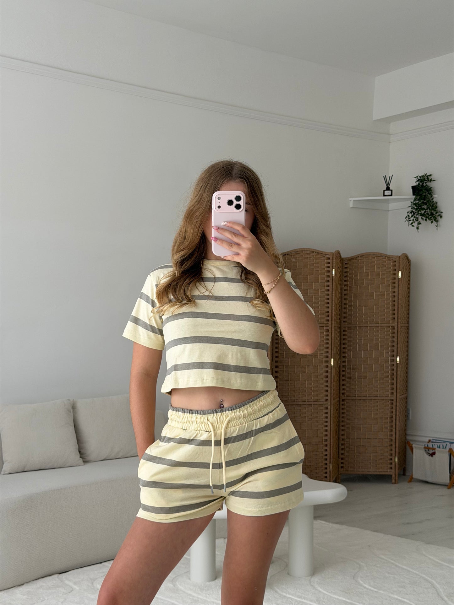 Stripy cropped short sleeve top and matching stripy shorts set