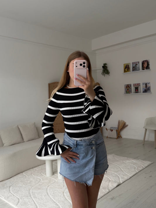 Stripey ribbed full length top with ruffle cuff