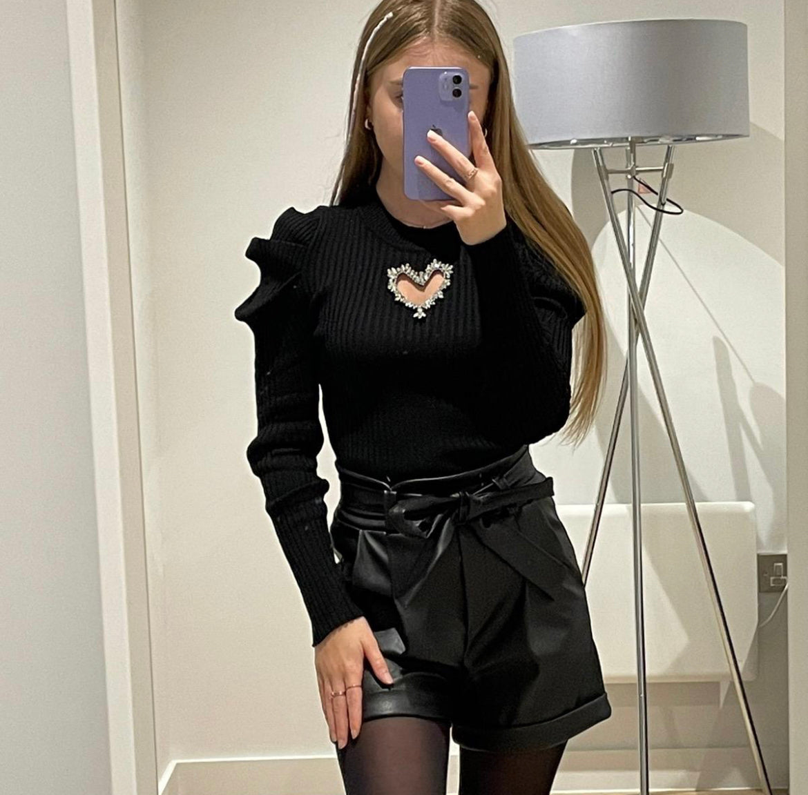 Long sleeved ribbed top with heart embellished rhinestone cut out
