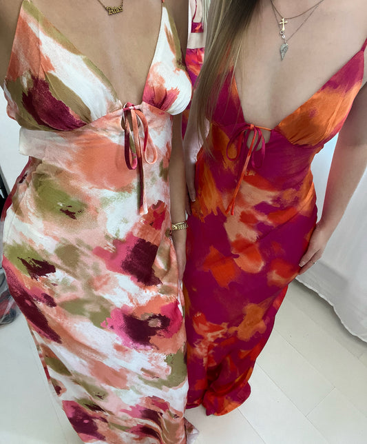 Watercolour satin cut out back maxi dress