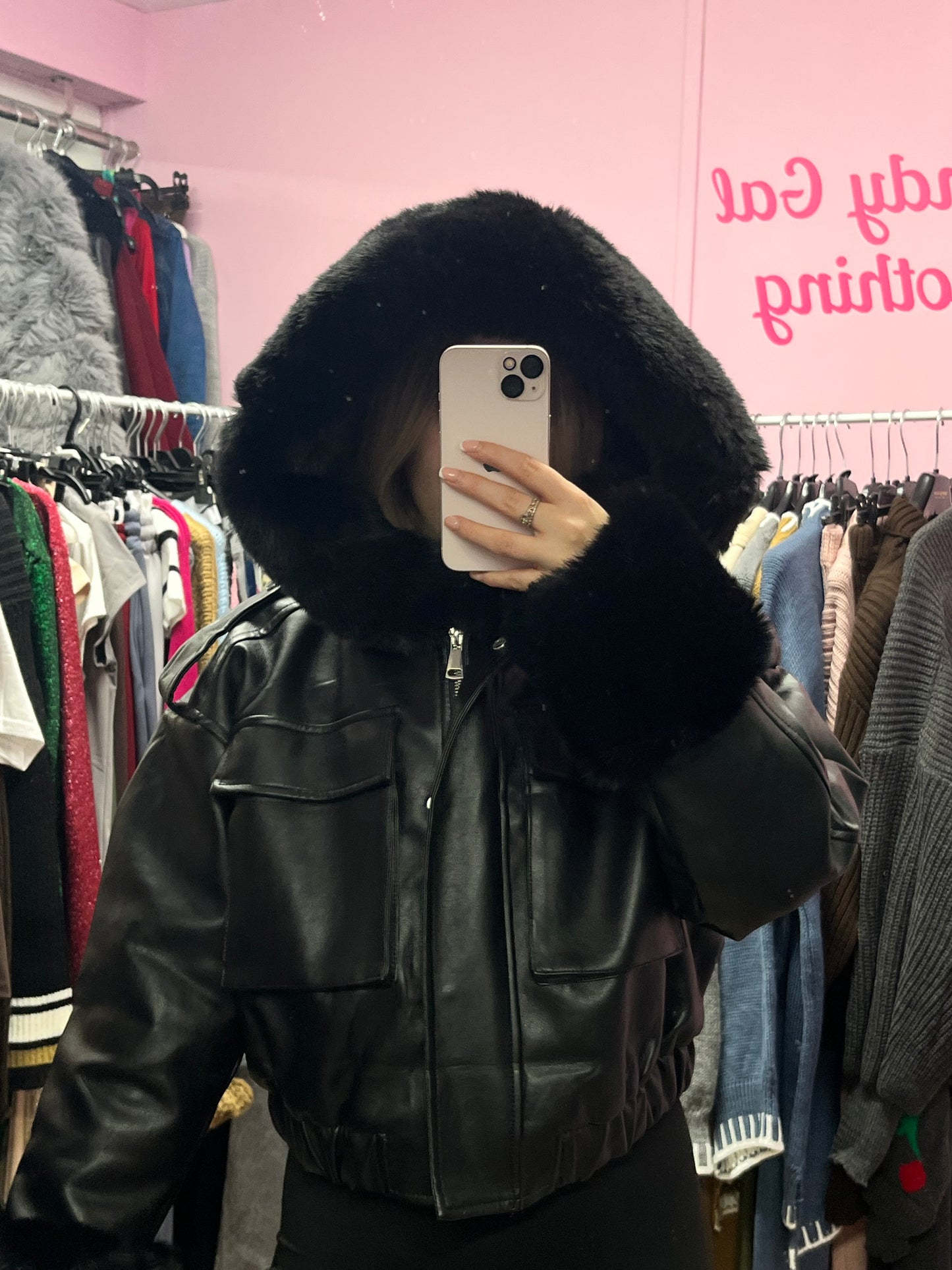 Faux leather hooded fur lined bomber jacket