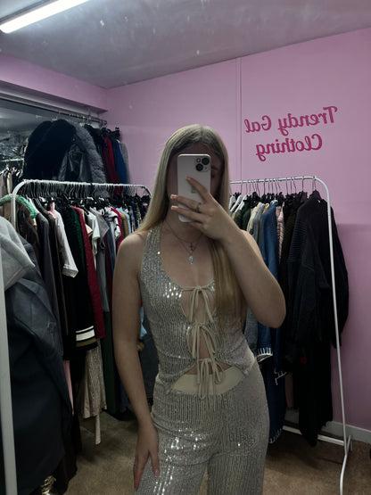 Sparkly tie up waistcoat and trouser set
