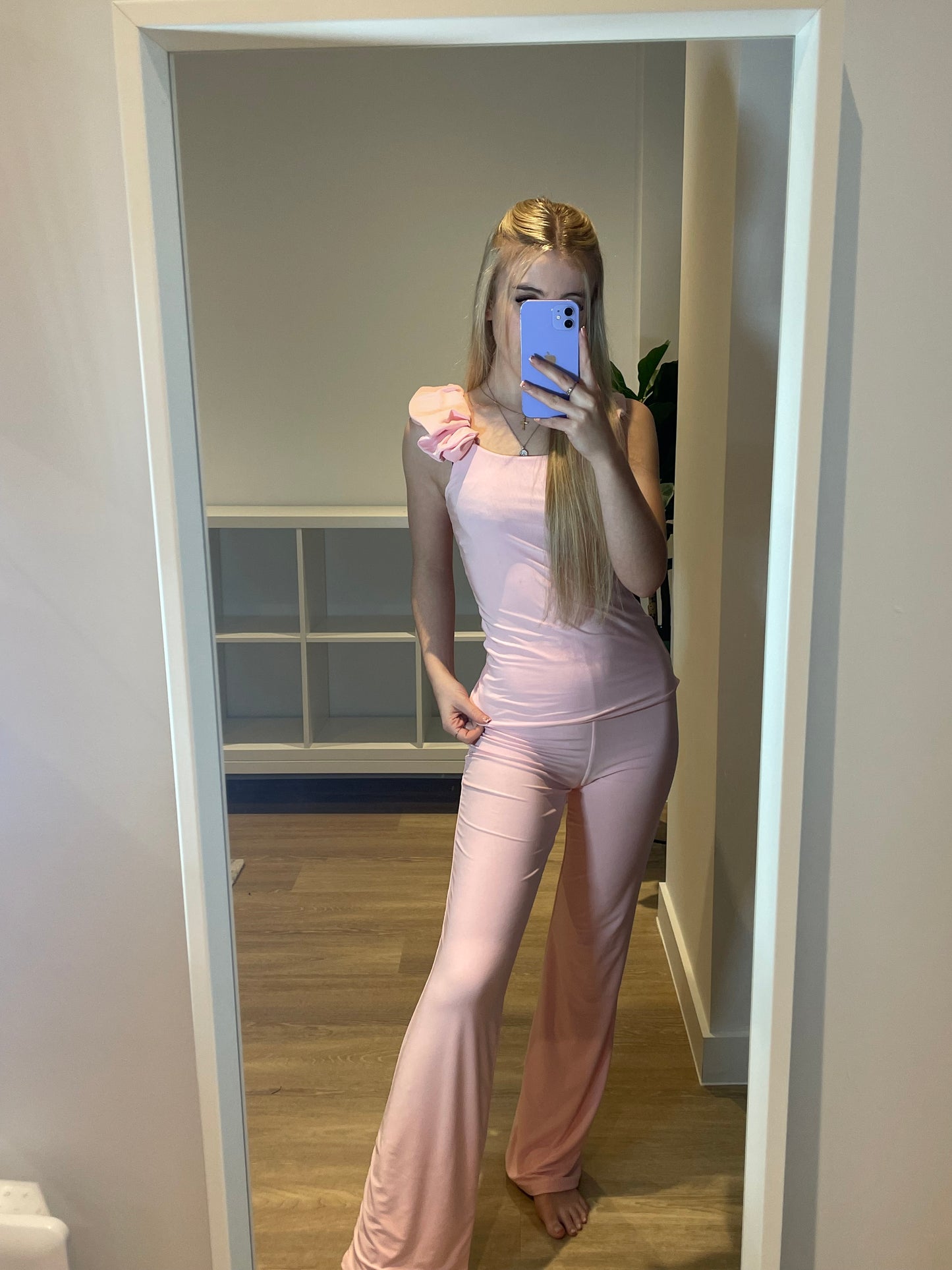 Slinky frilled sleeveless top and flares set