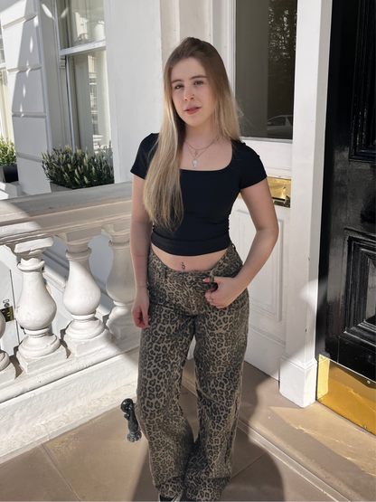 Leopard print mid rise dad fit jeans