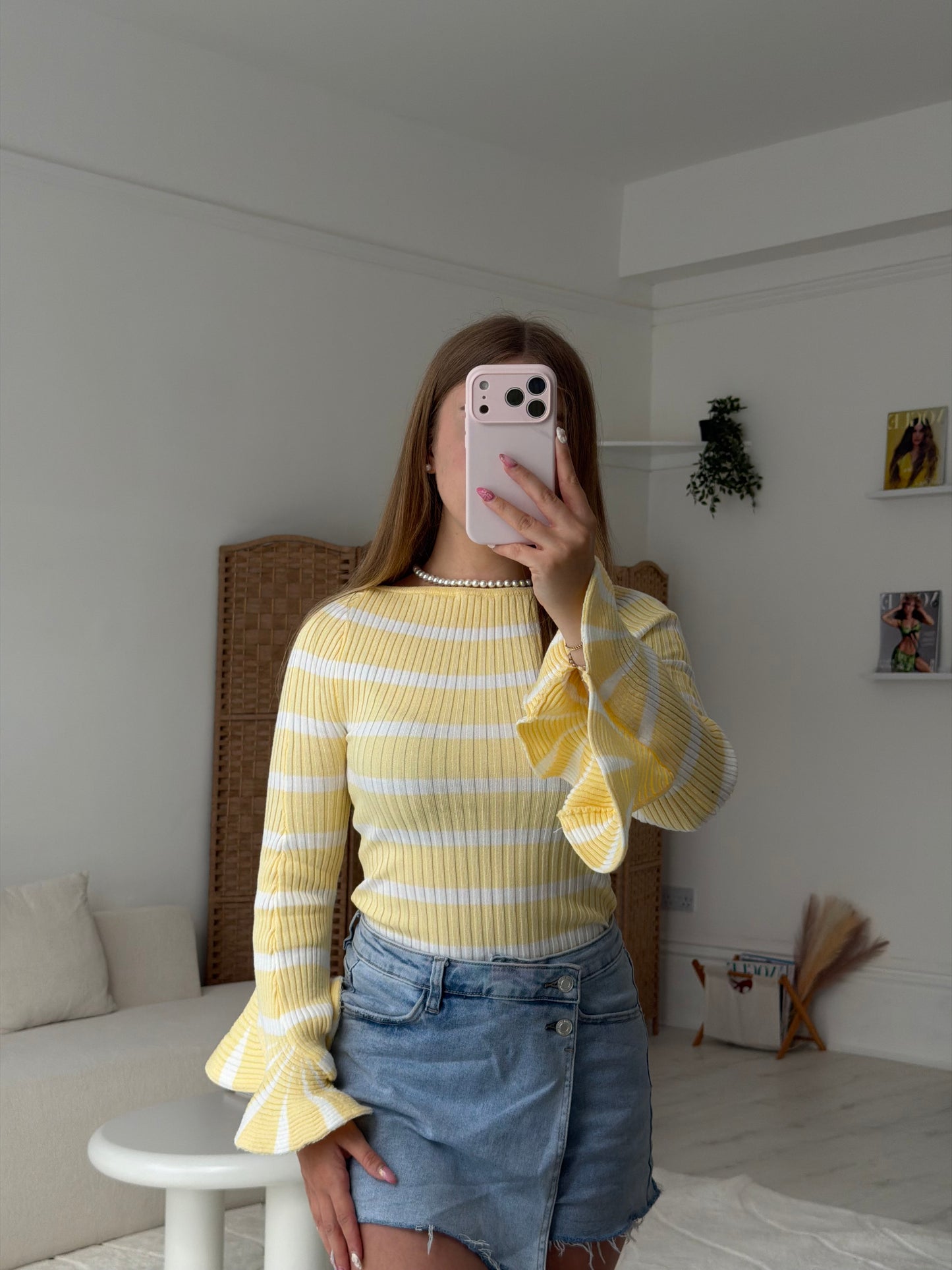 Stripey ribbed full length top with ruffle cuff