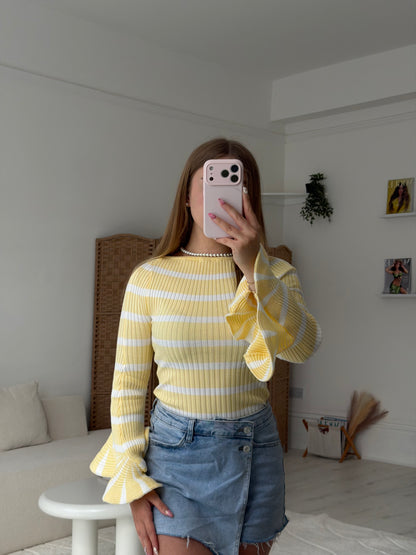 Stripey ribbed full length top with ruffle cuff