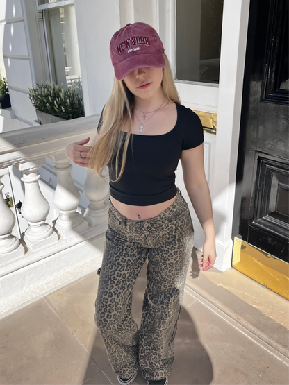 Leopard print mid rise dad fit jeans