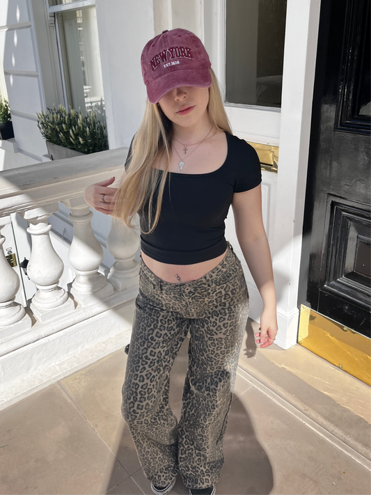 Leopard print mid rise dad fit jeans
