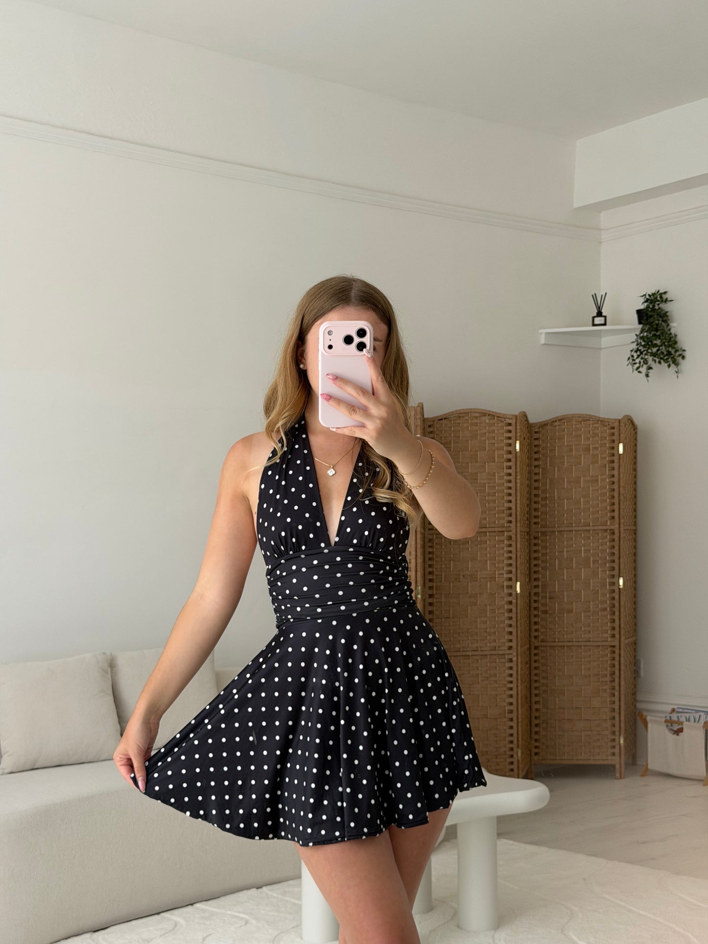 Polka dot halter neck mini dress