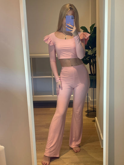 Slinky long sleeve frilled crop top and flares set