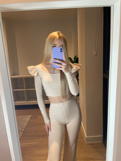 Slinky long sleeve frilled crop top and flares set
