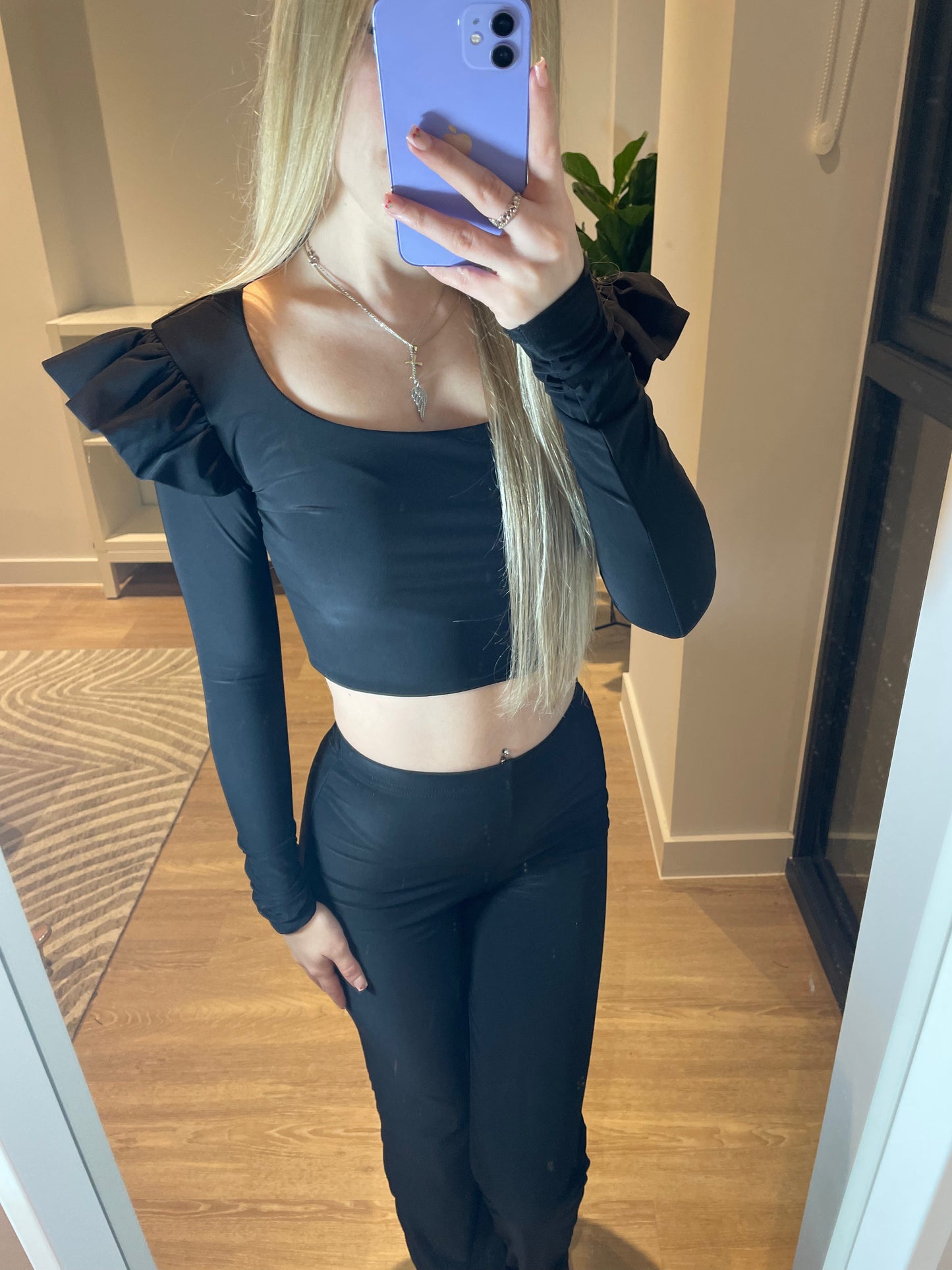 Slinky long sleeve frilled crop top and flares set