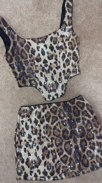 Leopard print sparkle crop top and mini skirt set