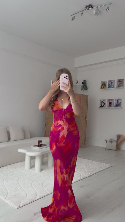 Watercolour satin cut out back maxi dress