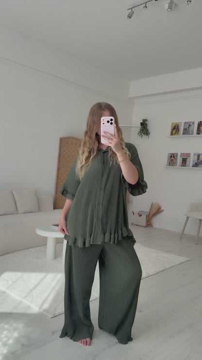 Button up pleated top and trouser set