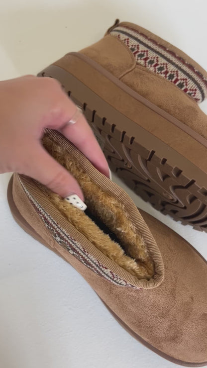 Chunky fleece-lined chestnut boots with embroidered knit detailing