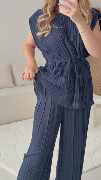 Pleated shoulder pad top and trouser set