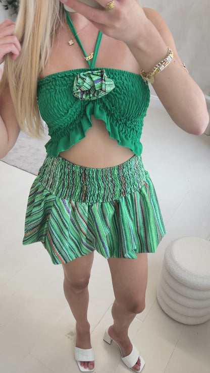 Tie-Neck Rosette Bandeau Top & Matching Bubble Skirt Set